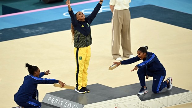 Simone-Biles-Rebeca-Andrade-Jordan-Chiles-during-the-podium-ceremony-for-the-artistic-gymnastics-womens-floor-exercise