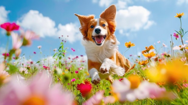 Dog running through flowers, pure joy